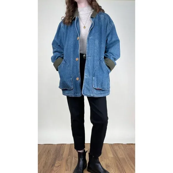 Vintage Denim Barn Coat Field Farm Utility Jean Jacket Oversized Plaid Americana - Picture 10 of 10